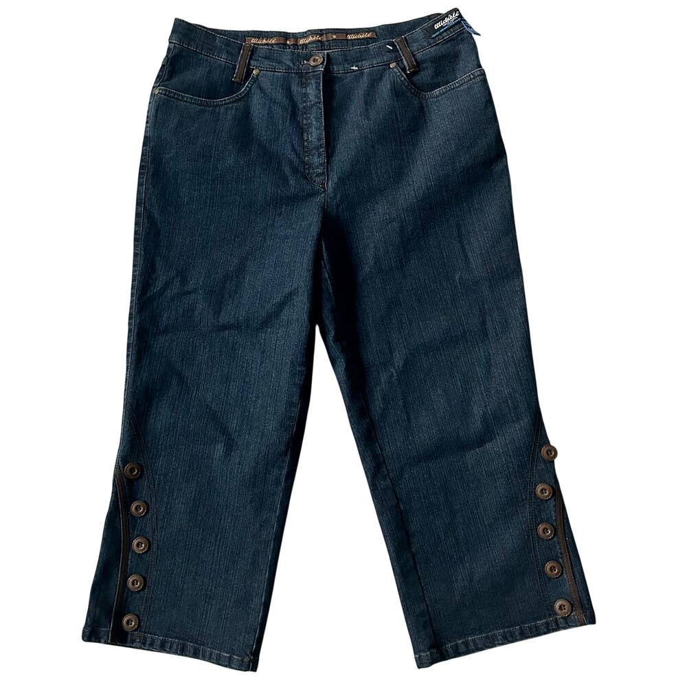 Michele crop denim skimmers straight leg brown faux leather button boho indie 14